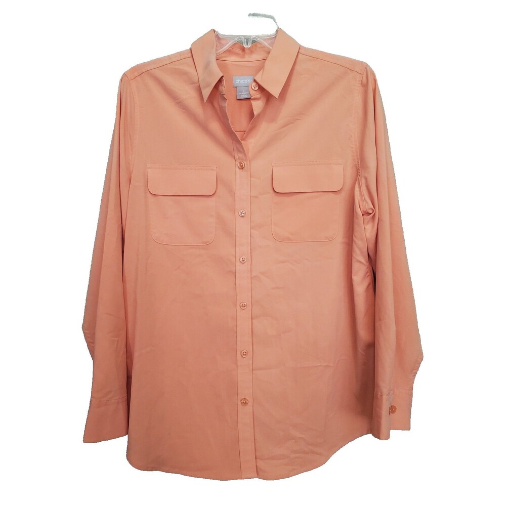 Chico's Silky Soft Orange Long Sleeve Button-Up Shirt Size 1 Medium